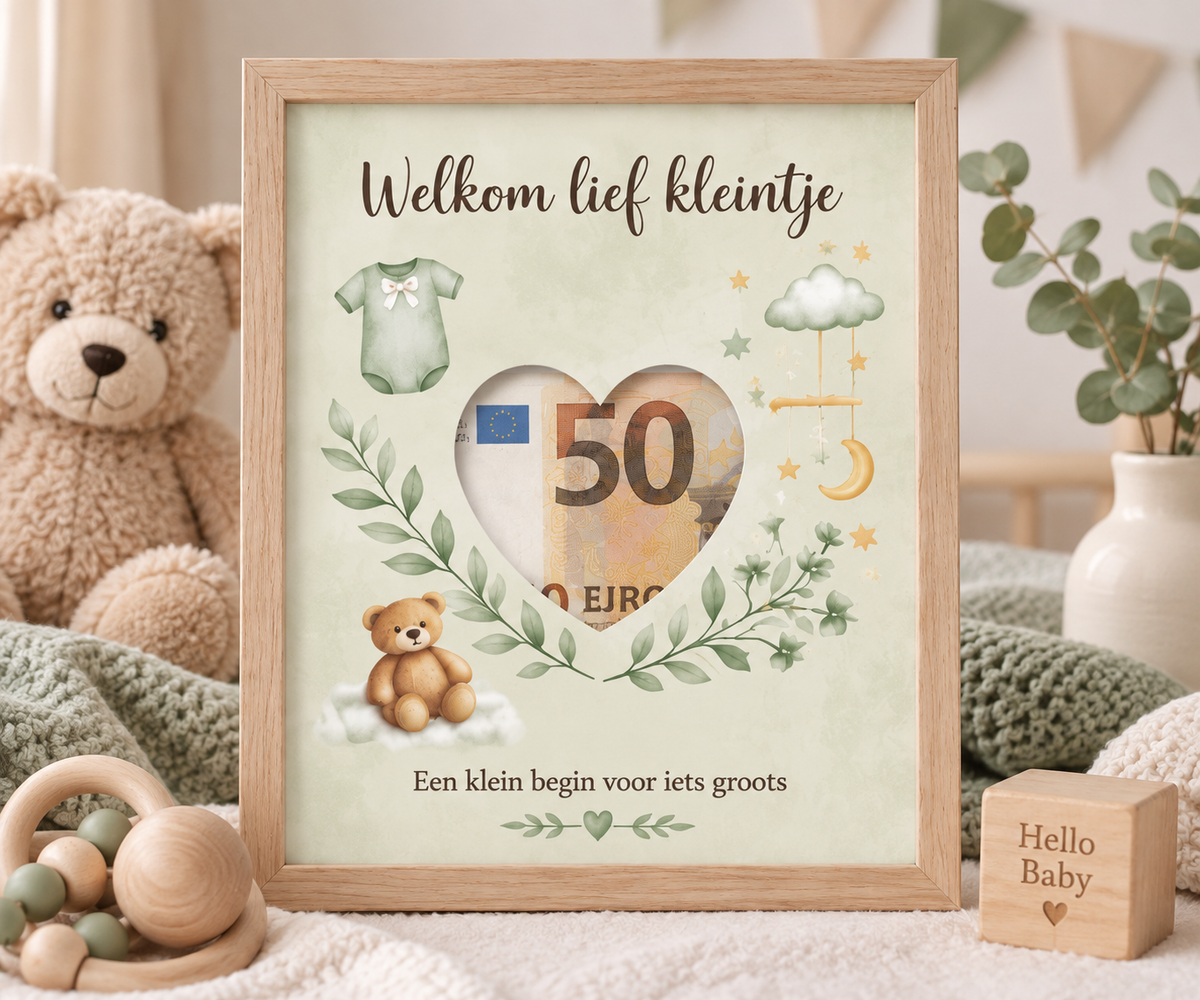 Geldcadeau Geboorte DIY Pakket – Welkom lief kleintje – Saliegroen