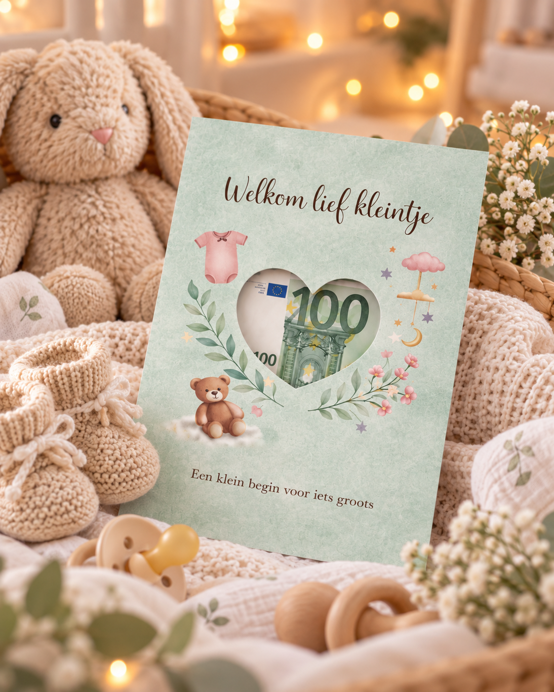 Last Minute Geboorte Geldcadeau – PDF Direct Download – Welkom lief kleintje – Saliegroen
