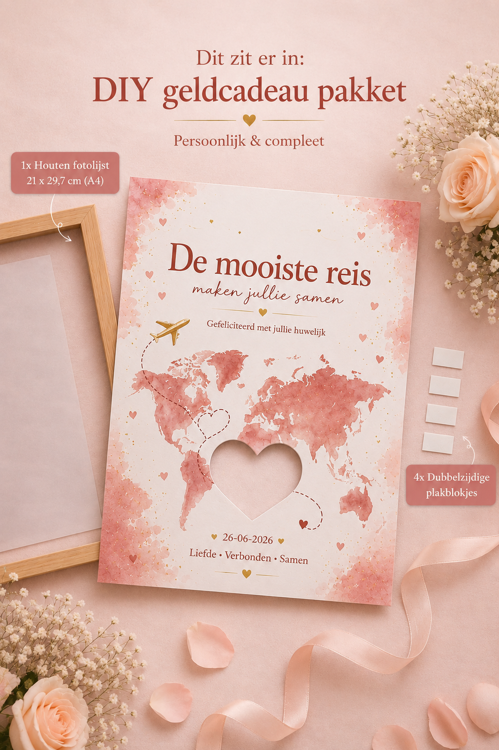 Bruiloft DIY Geldcadeau pakket - Mooiste reis samen - personaliseerbaar met trouwdatum