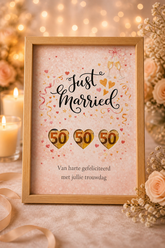 Bruiloft DIY Geldcadeau – Just Married Huwelijkscadeau in Lijst