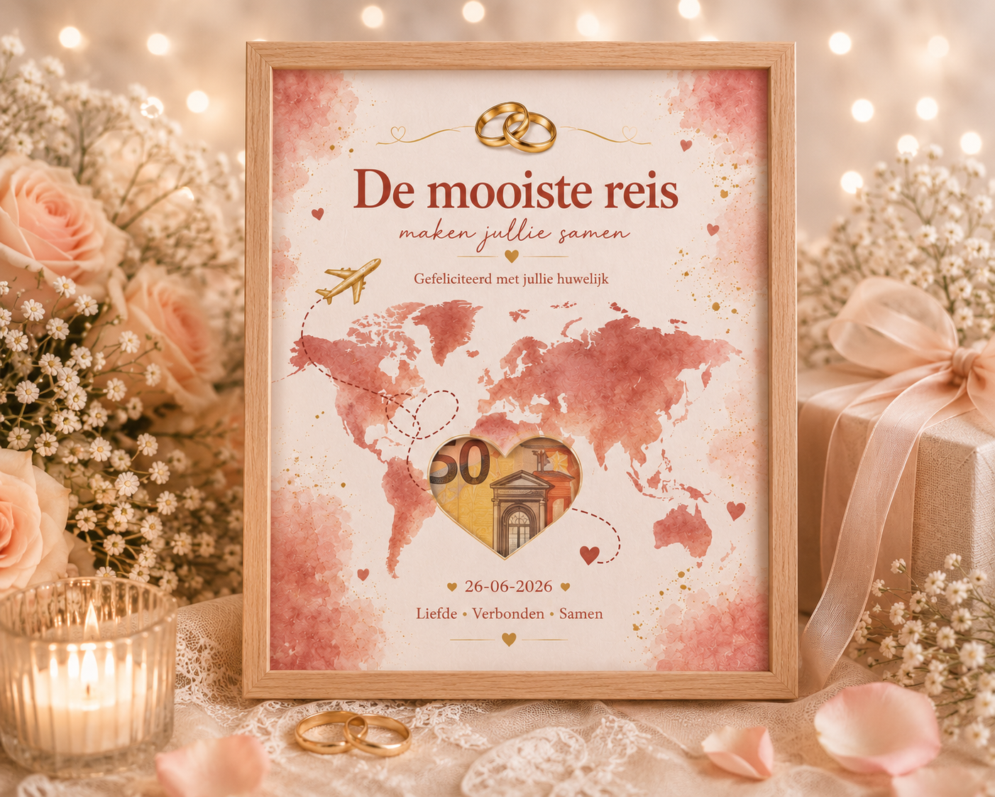 Bruiloft DIY Geldcadeau pakket - Mooiste reis samen - personaliseerbaar met trouwdatum