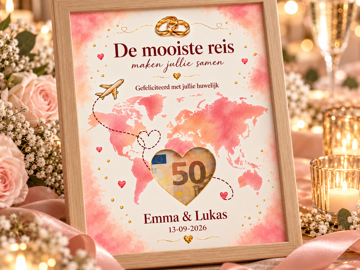 Bruiloft DIY-geldcadeaupakket – Mooiste reis samen | Met namen en trouwdatum