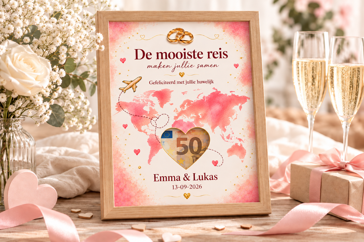 Bruiloft DIY-geldcadeaupakket – Mooiste reis samen | Met namen en trouwdatum