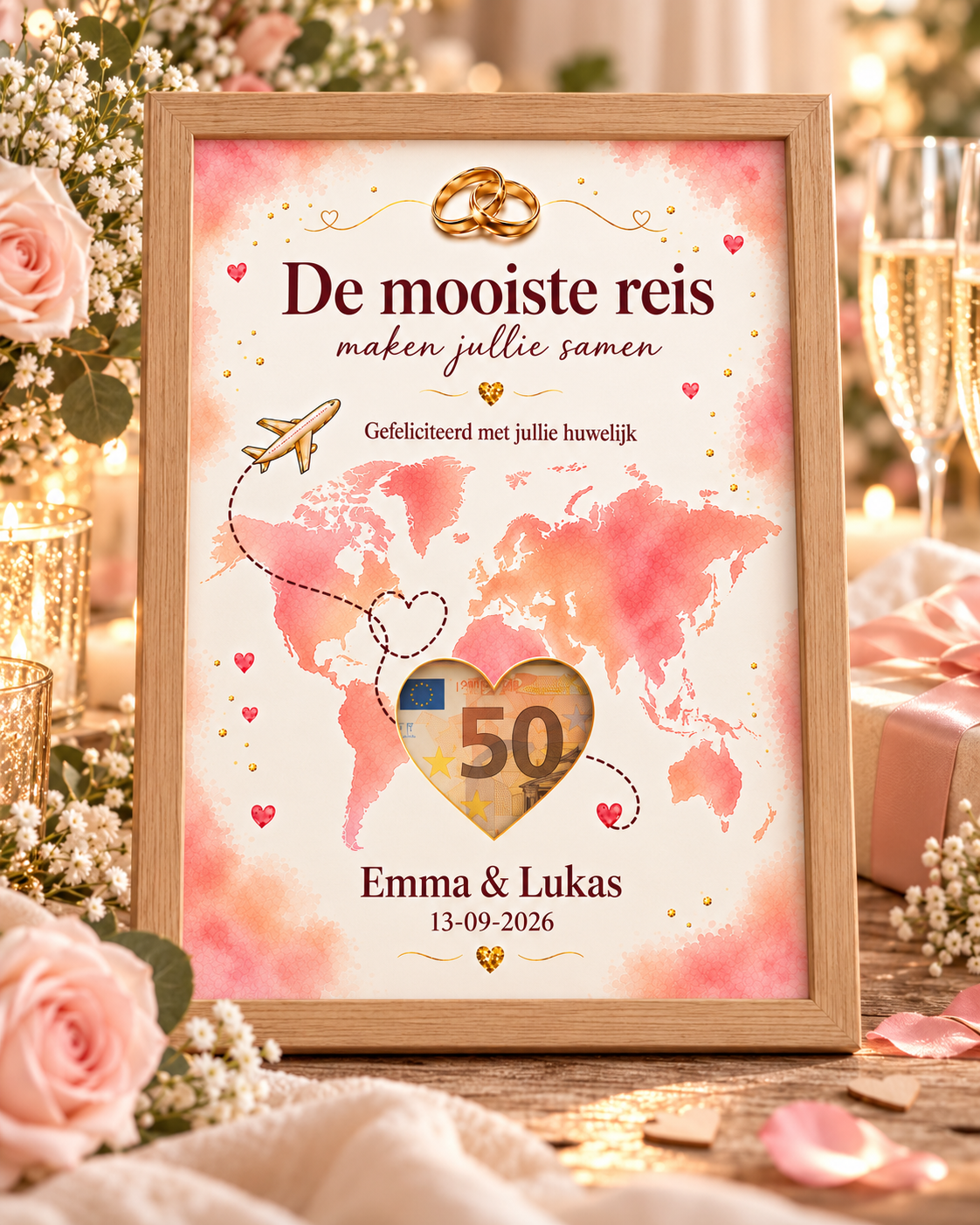 Bruiloft DIY-geldcadeaupakket – Mooiste reis samen | Met namen en trouwdatum