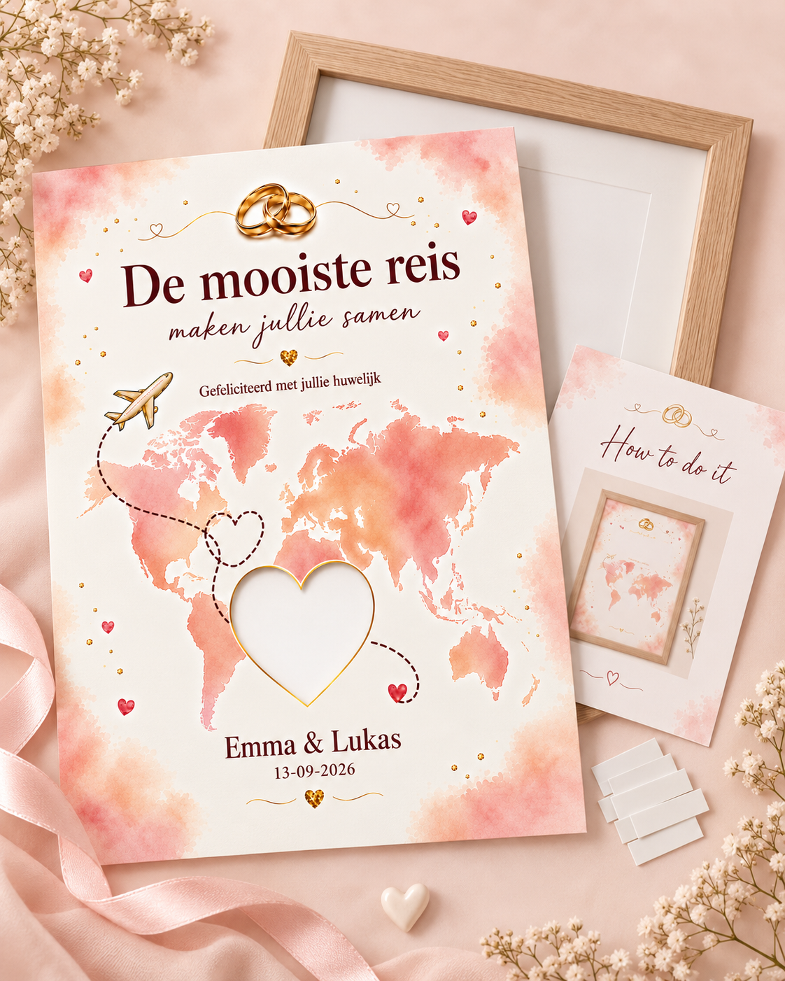 Bruiloft DIY-geldcadeaupakket – Mooiste reis samen | Met namen en trouwdatum