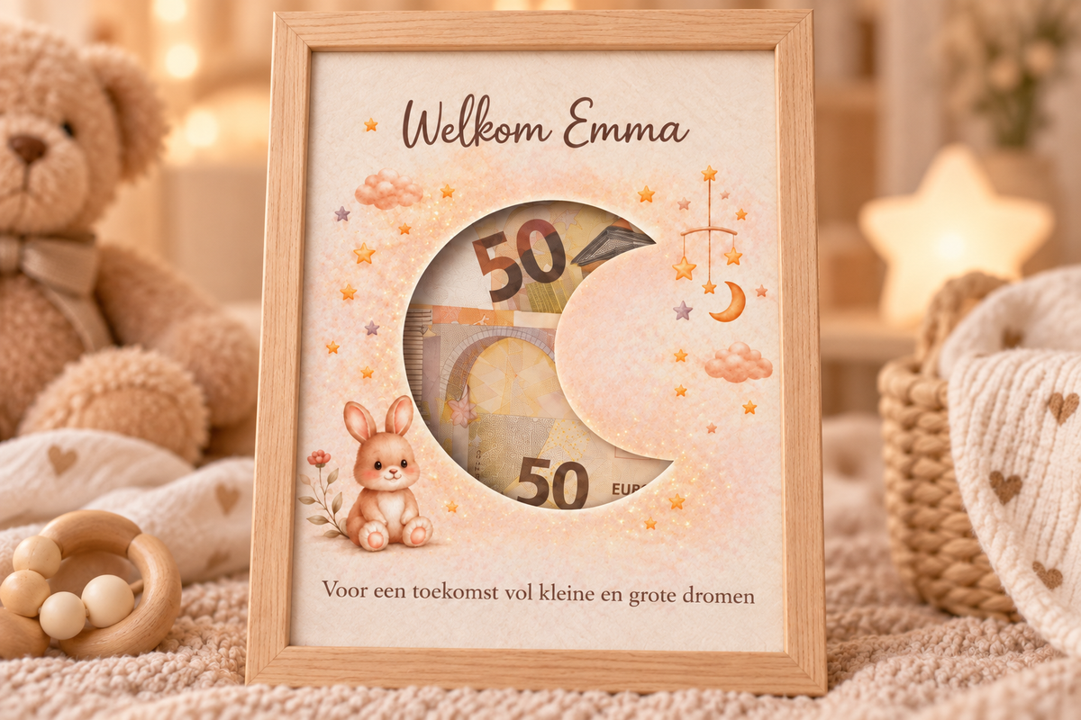 Geldcadeau Geboorte DIY Pakket – Welkom Maan beigebruin – Personaliseerbaar met babynaam