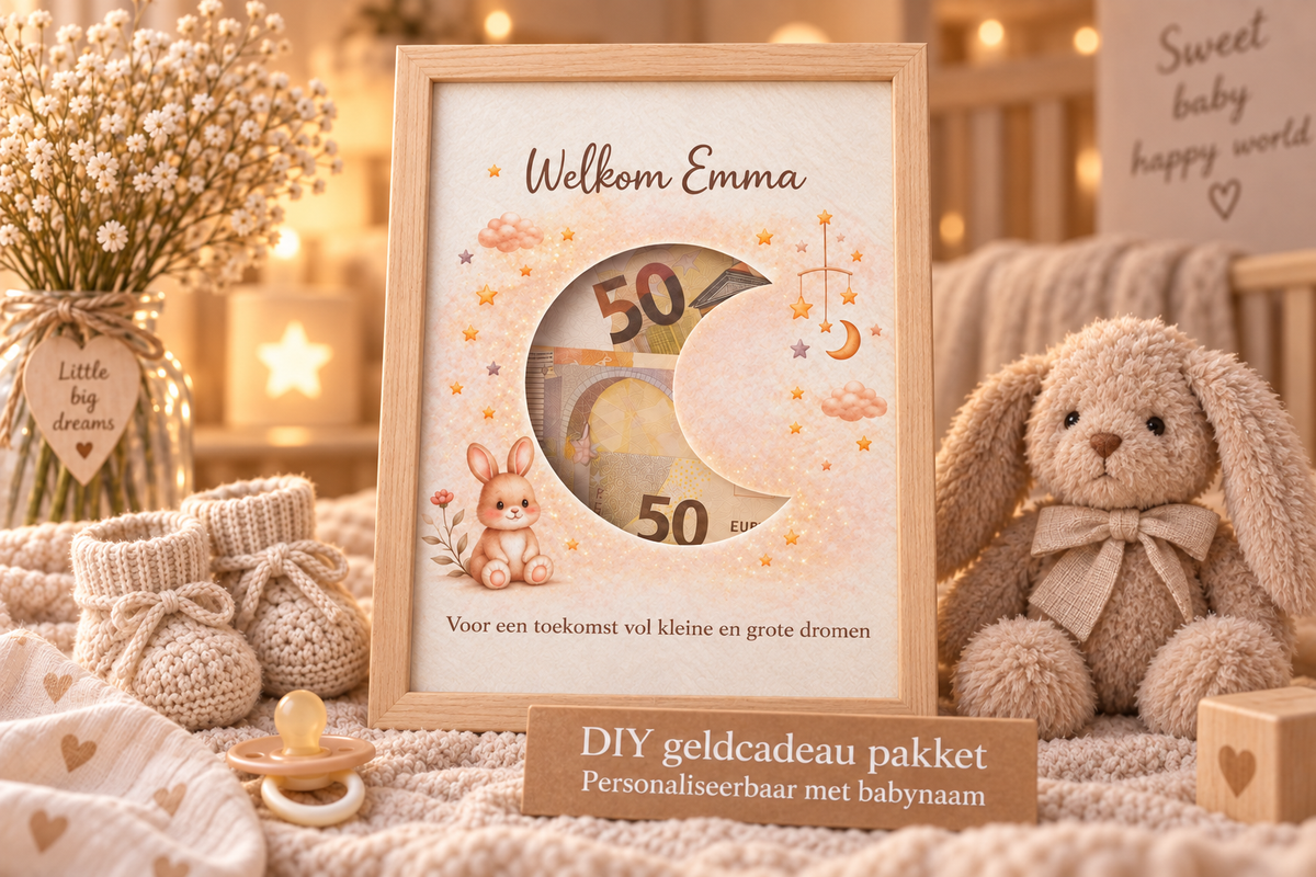 Geldcadeau Geboorte DIY Pakket – Welkom Maan beigebruin – Personaliseerbaar met babynaam