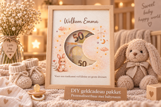 Geldcadeau Geboorte DIY Pakket – Welkom Maan beigebruin – Personaliseerbaar met babynaam