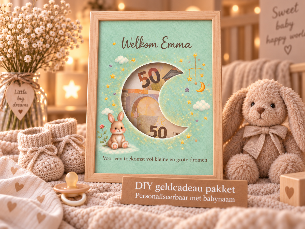 Geldcadeau Geboorte DIY Pakket – Welkom Maan saliegroen – Personaliseerbaar met babynaam