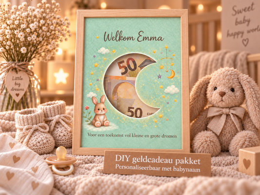 Geldcadeau Geboorte DIY Pakket – Welkom Maan saliegroen – Personaliseerbaar met babynaam