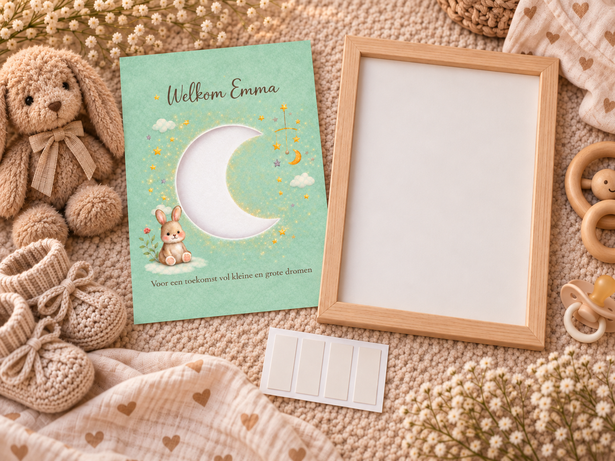 Geldcadeau Geboorte DIY Pakket – Welkom Maan saliegroen – Personaliseerbaar met babynaam