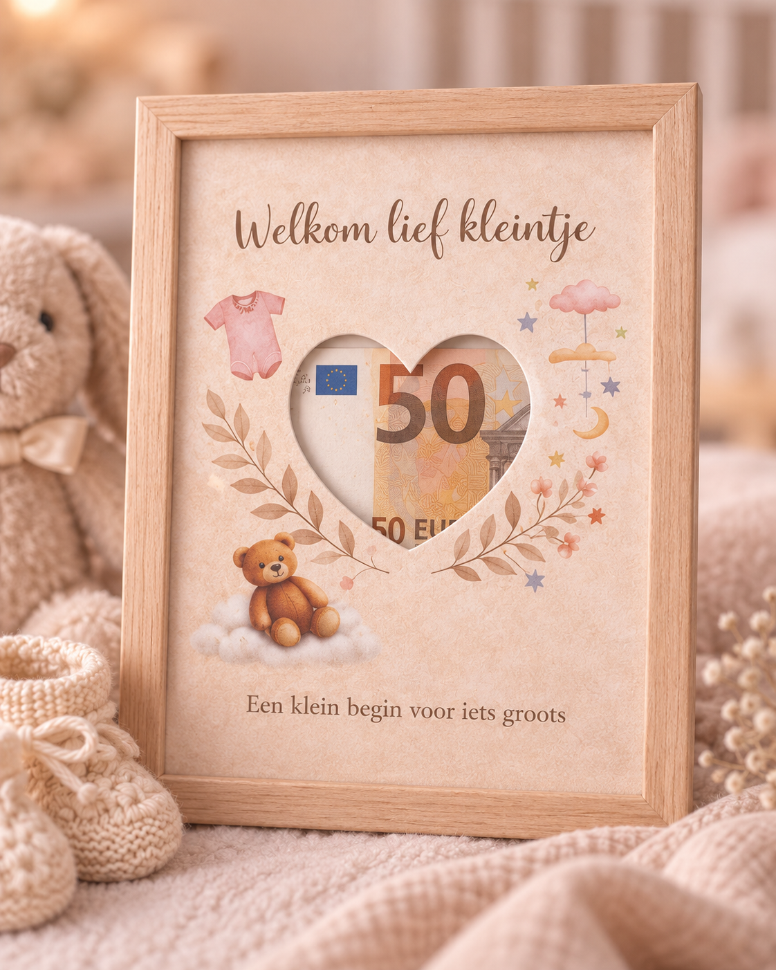 Geldcadeau Geboorte DIY Pakket – Welkom lief kleintje – Beigebruin