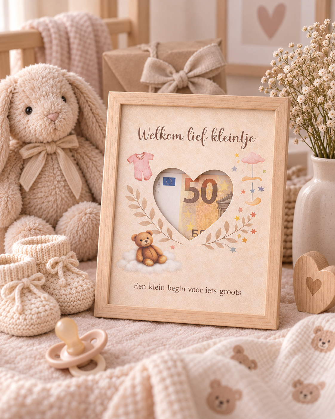Geldcadeau Geboorte DIY Pakket – Welkom lief kleintje – Beigebruin
