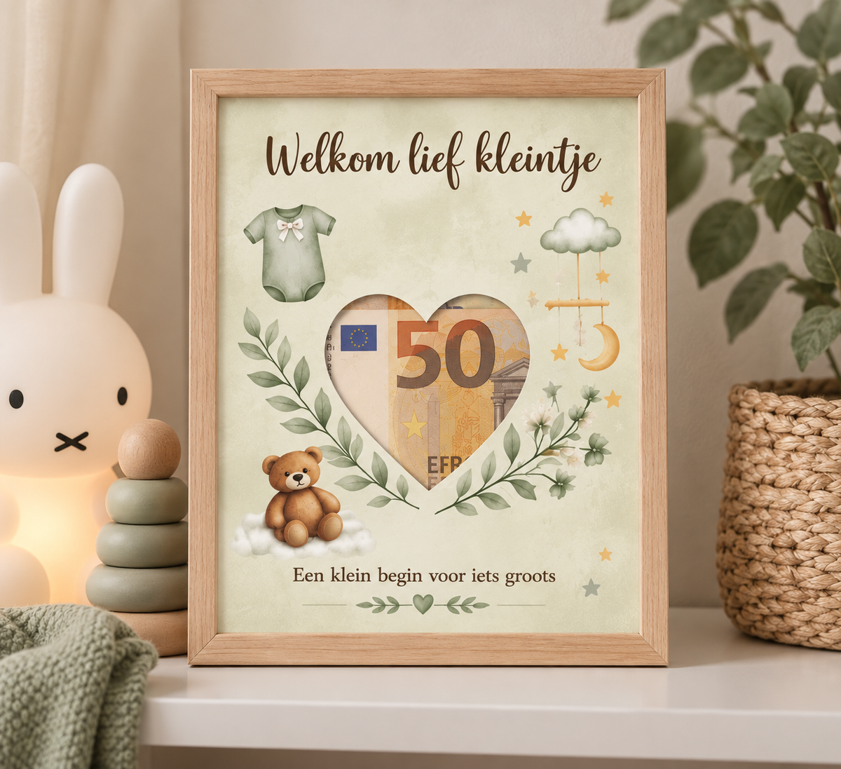 Geldcadeau Geboorte DIY Pakket – Welkom lief kleintje – Saliegroen