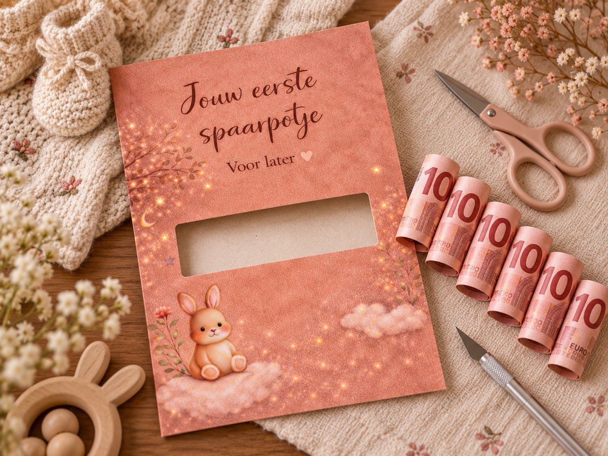 Last Minute Geboorte Geldcadeau – PDF Direct Download – Jouw 1e spaarpotje – Roze