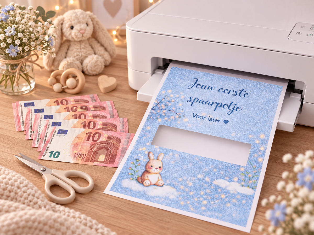 Last Minute Geboorte Geldcadeau – PDF Direct Download – Jouw 1e spaarpotje – Blauw