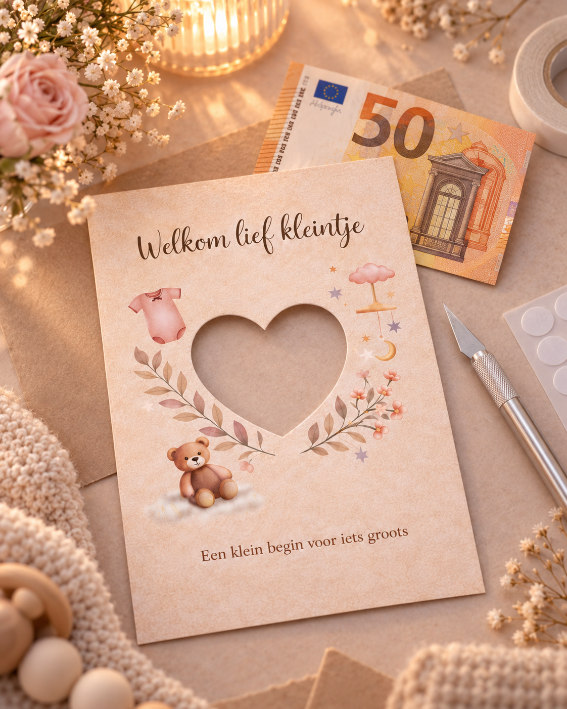 Last Minute Geboorte Geldcadeau – PDF Direct Download – Welkom lief kleintje – Beigebruin