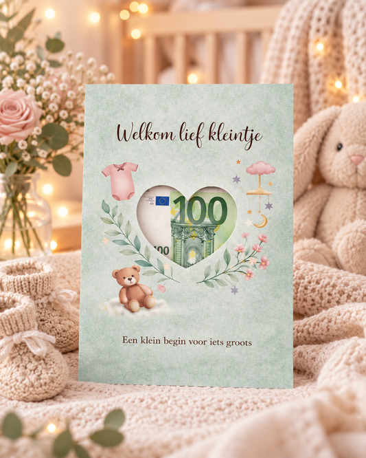 Last Minute Geboorte Geldcadeau – PDF Direct Download – Welkom lief kleintje – Saliegroen