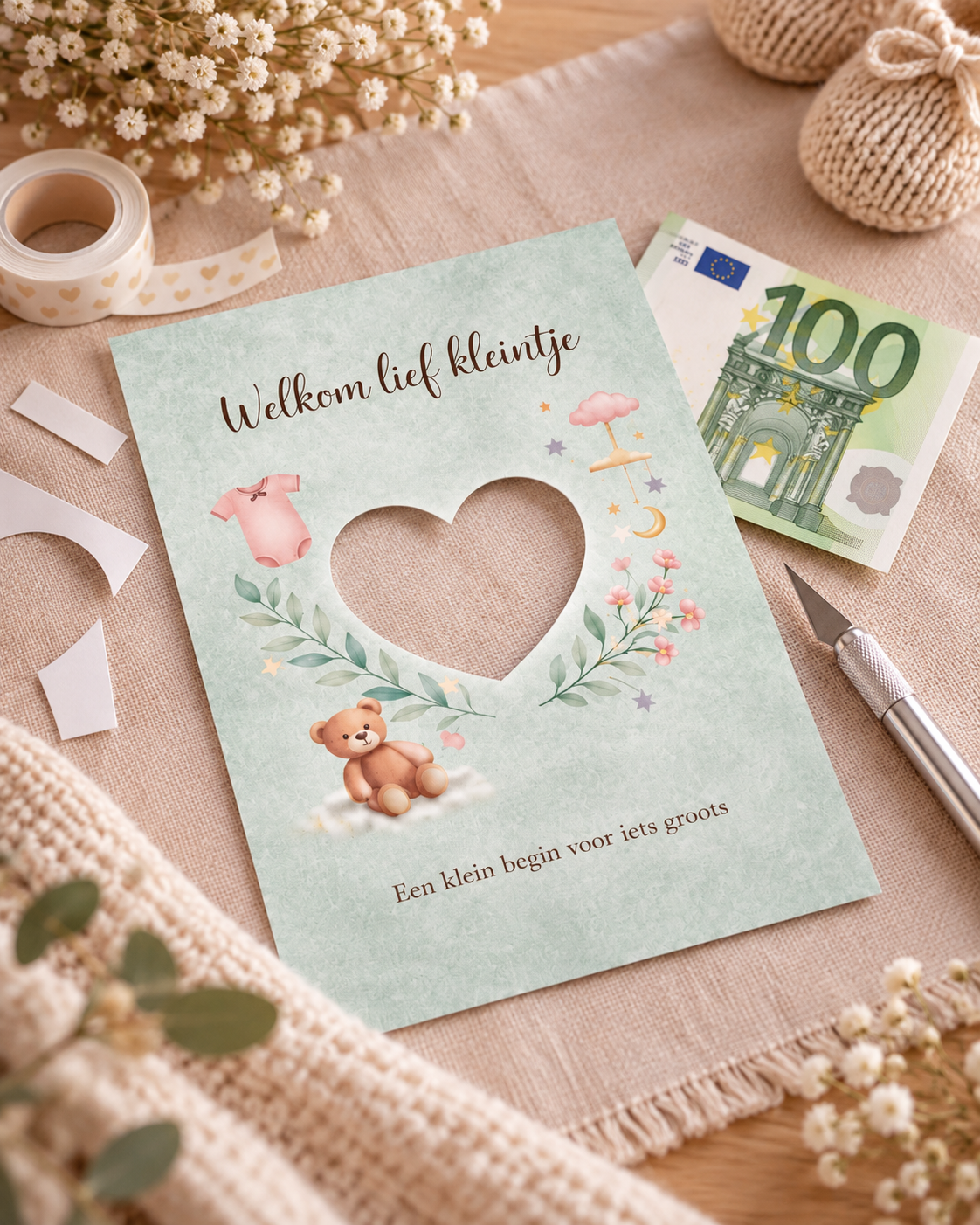 Last Minute Geboorte Geldcadeau – PDF Direct Download – Welkom lief kleintje – Saliegroen