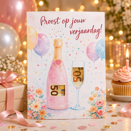 Last Minute Verjaardag Geldcadeau - PDF Direct Download – Proost op je verjaardag – Rosé fles