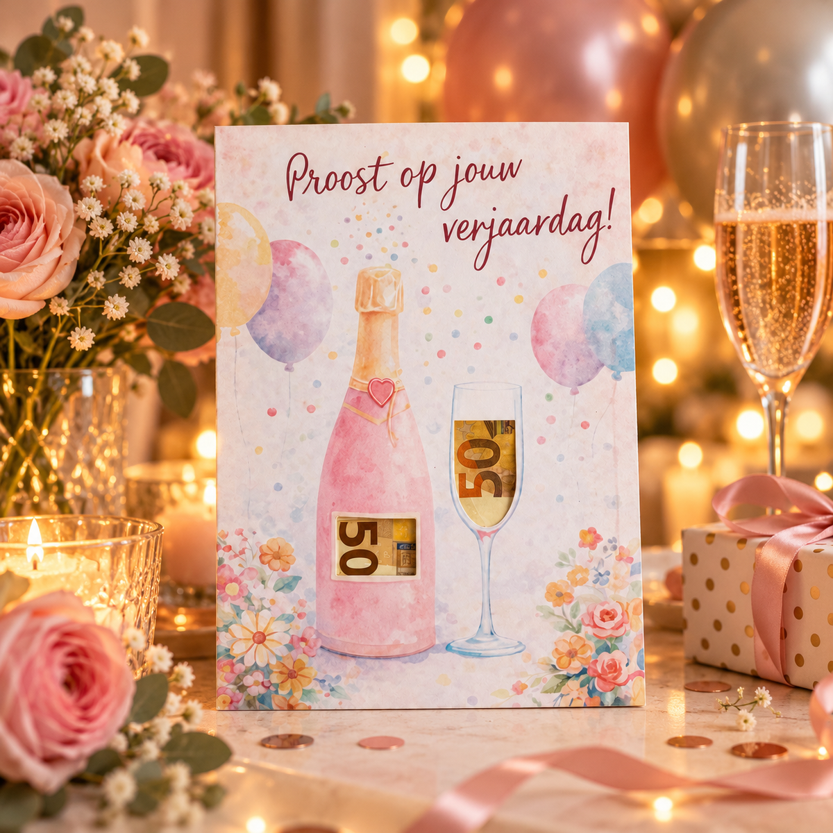 Last Minute Verjaardag Geldcadeau - PDF Direct Download – Proost op je verjaardag – Rosé fles