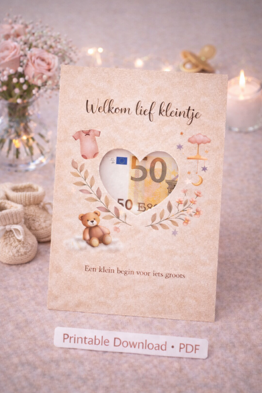 Geboorte Geldcadeau Printable PDF- Welkom Lief Kleintje ( beigebruin) | Direct Download