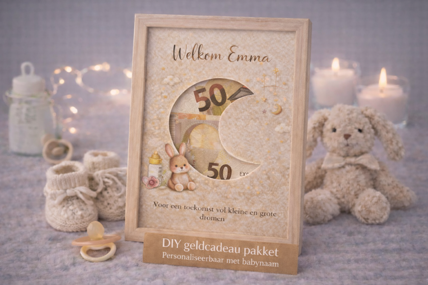 DIY Geboorte Geldcadeau Pakket – Welkom Maan beigebruin | Fotolijstcadeau personaliseerbaar met babynaam (kopie)