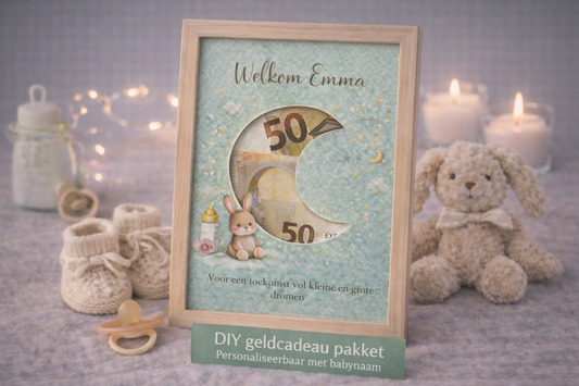 DIY Geboorte Geldcadeau Pakket – Welkom Maan saliegroen | Fotolijstcadeau personaliseerbaar met babynaam