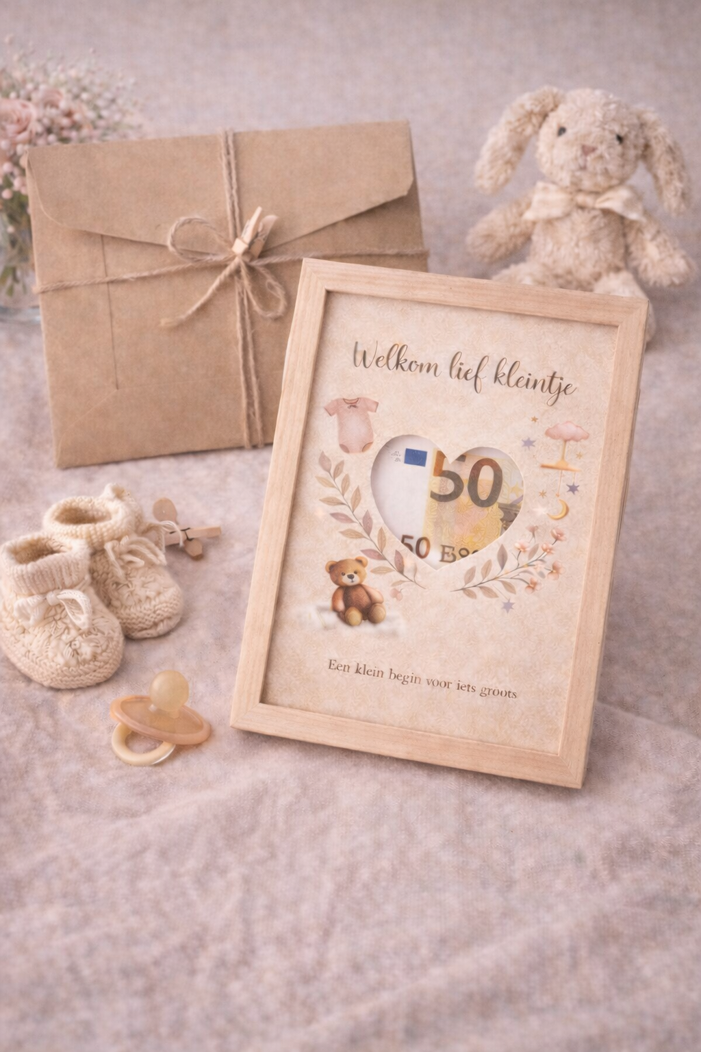 Geboorte DIY Geldcadeau  – Welkom Lief Kleintje ( beigebruin) | Origineel Fotolijstcadeau