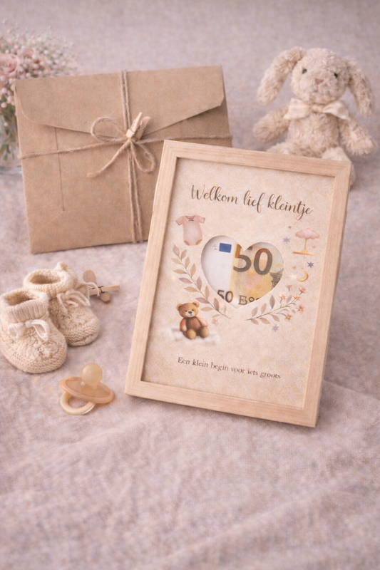 Geboorte DIY Geldcadeau  – Welkom Lief Kleintje ( beigebruin) | Origineel Fotolijstcadeau