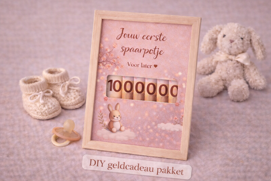 Geboorte DIY Geldcadeau  – Jouw 1e spaarpotje ( roze) | Origineel Fotolijstcadeau