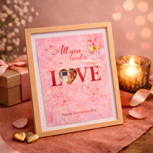 Valentijn Geldcadeau DIY Pakket – All You Need Is Love ( met hartje) |Fotolijst Cadeau