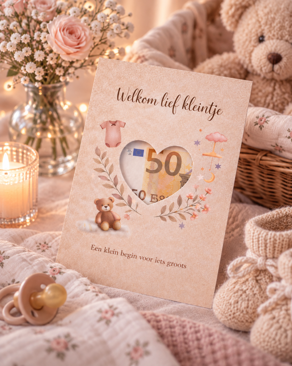 Last Minute Geboorte Geldcadeau – PDF Direct Download – Welkom lief kleintje – Beigebruin