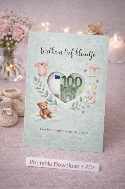 Geboorte Geldcadeau Printable PDF- Welkom Lief Kleintje ( saliegroen) | Direct Download