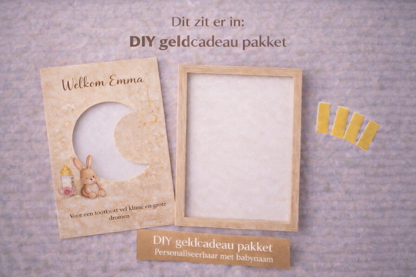 DIY Geboorte Geldcadeau Pakket – Welkom Maan beigebruin | Fotolijstcadeau personaliseerbaar met babynaam (kopie)