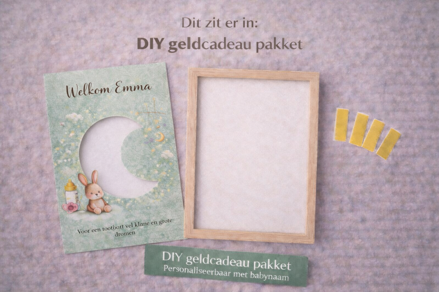 DIY Geboorte Geldcadeau Pakket – Welkom Maan saliegroen | Fotolijstcadeau personaliseerbaar met babynaam