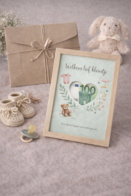 Geboorte DIY Geldcadeau  – Welkom Lief Kleintje ( saliegroen) | Origineel Fotolijstcadeau