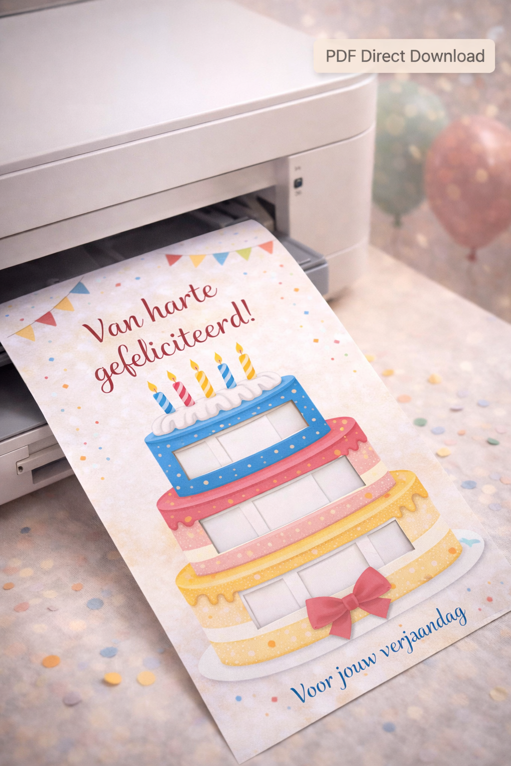 Last Minute Verjaardag Geldcadeau – PDF Direct Download – Taart met 3 lagen