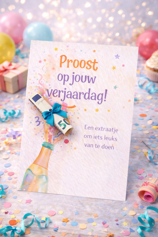 Verjaardag Geldcadeau - PDF Direct Download – Proost op jouw verjaardag ( met geldrol er op )