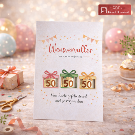 Last-minute Verjaardag Geldcadeau – PDF Direct Download – Wensvervuller