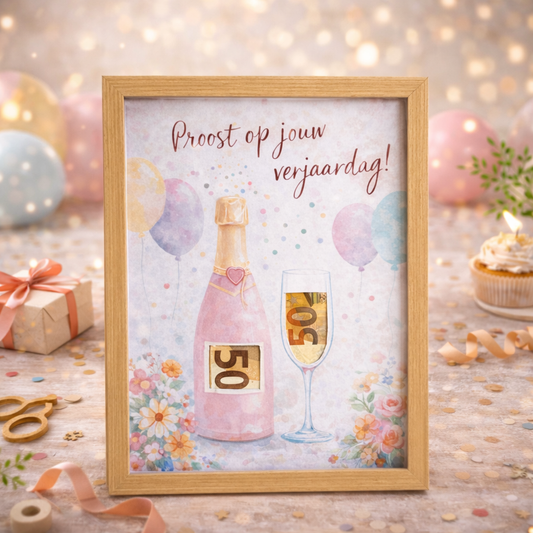 DIY Verjaardag Geldcadeau pakket – Proost op je verjaardag (rosé fles)