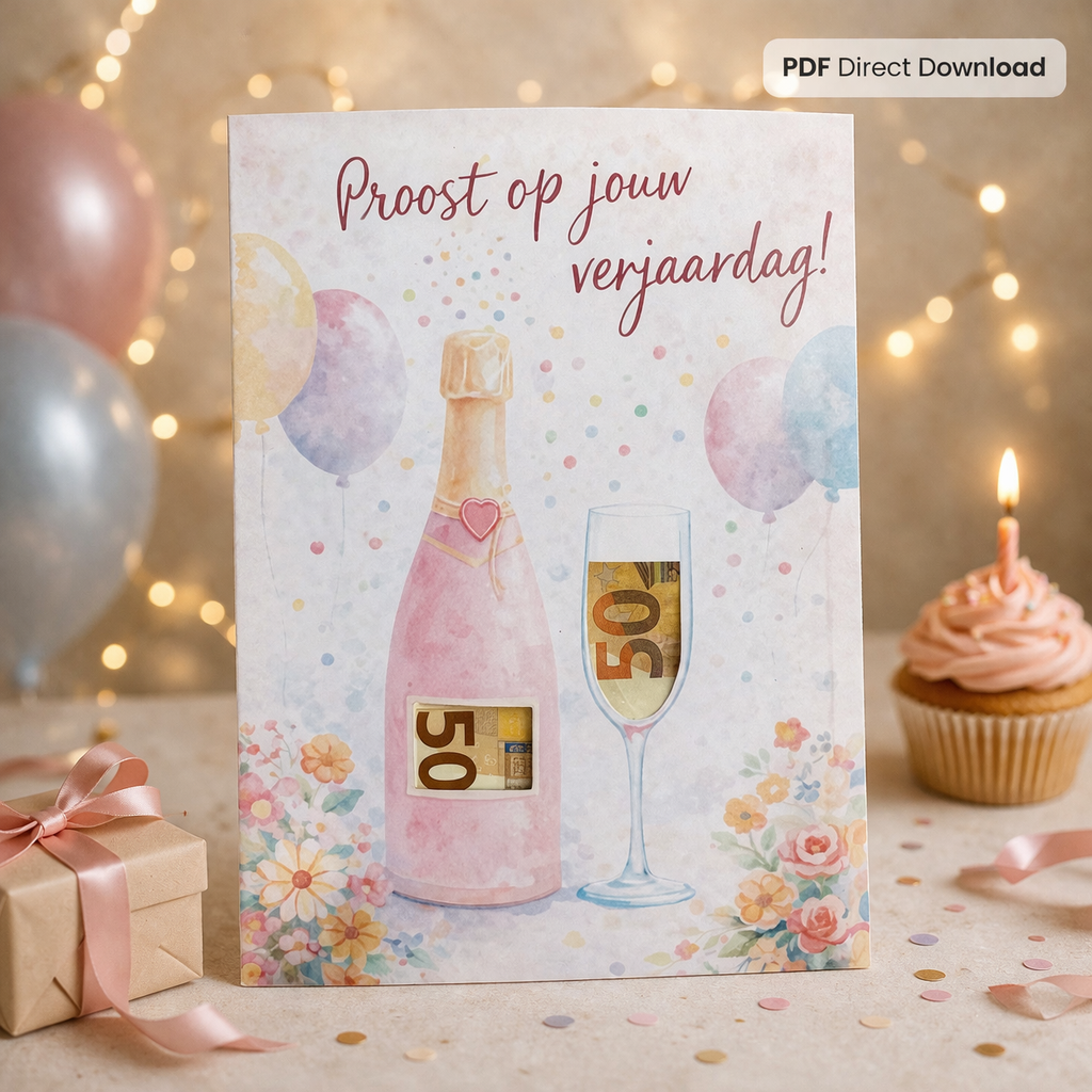 Last-minute Verjaardag Cadeau – Geldcadeau PDF – Proost op je verjaardag (rosé fles)
