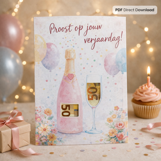 Last-minute Verjaardag Cadeau – Geldcadeau PDF – Proost op je verjaardag (rosé fles)