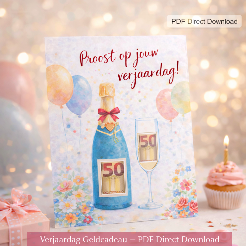 Verjaardag Geldcadeau – PDF Direct Download – Proost op je verjaardag (groene fles)