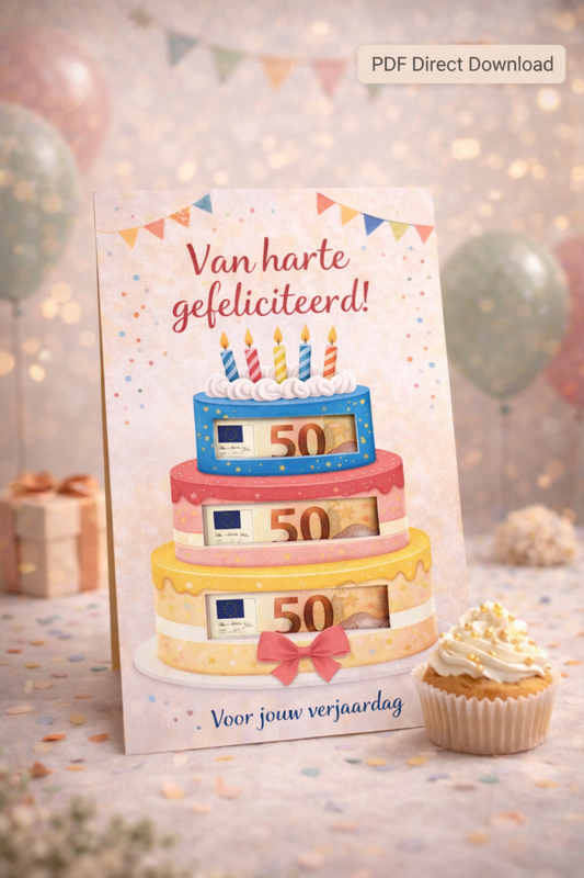 Last Minute Verjaardag Geldcadeau – PDF Direct Download – Taart met 3 lagen